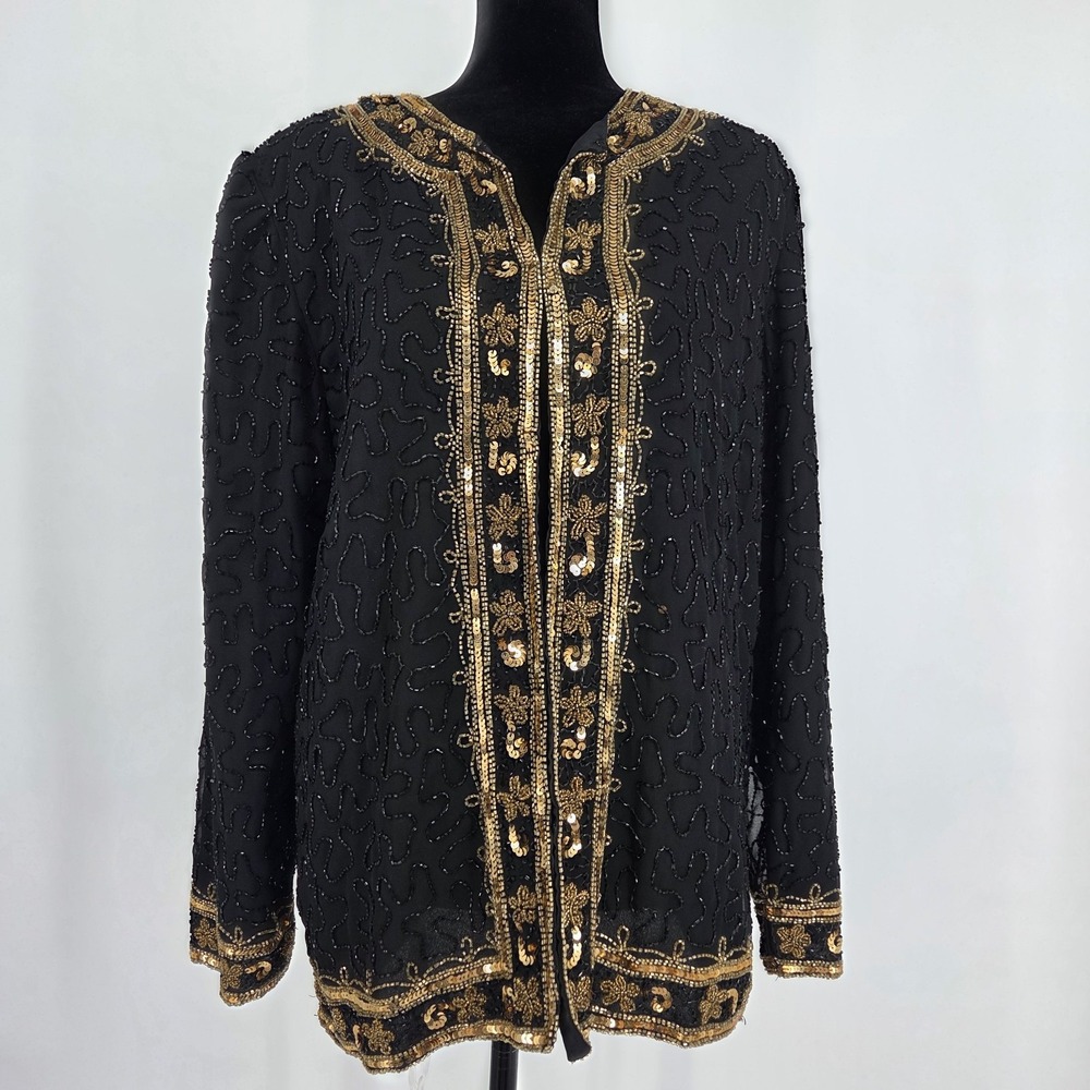 Vtg Women's Silk Sequined Beaded Jacket 1X Black Gold Life & Style Fashion